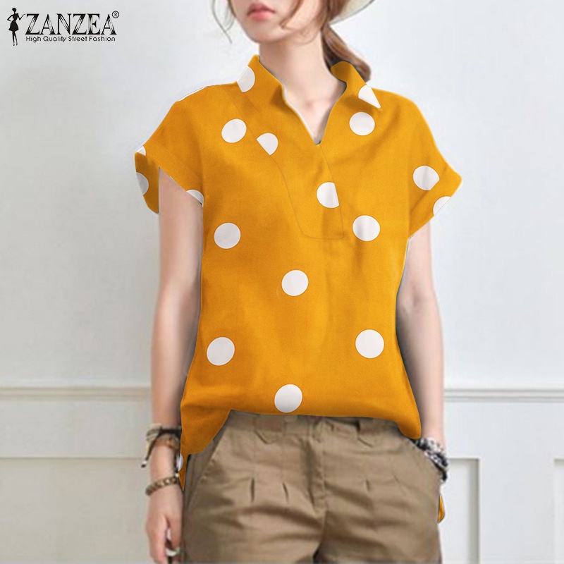 Áo sơ mi ZANZEA tay ngắn cổ bẻ họa tiết chấm bi phong cách Vintage dành cho nữ