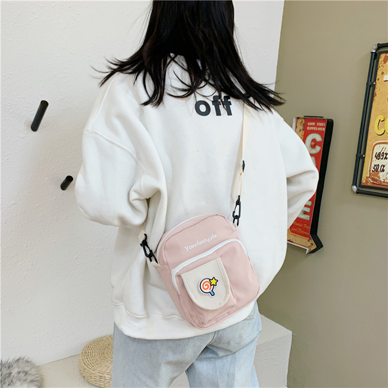 Túi đeo vai IELGY bằng nylon có khóa kéo màu hồng dễ thương phong cách Harajuku Nhật Bản