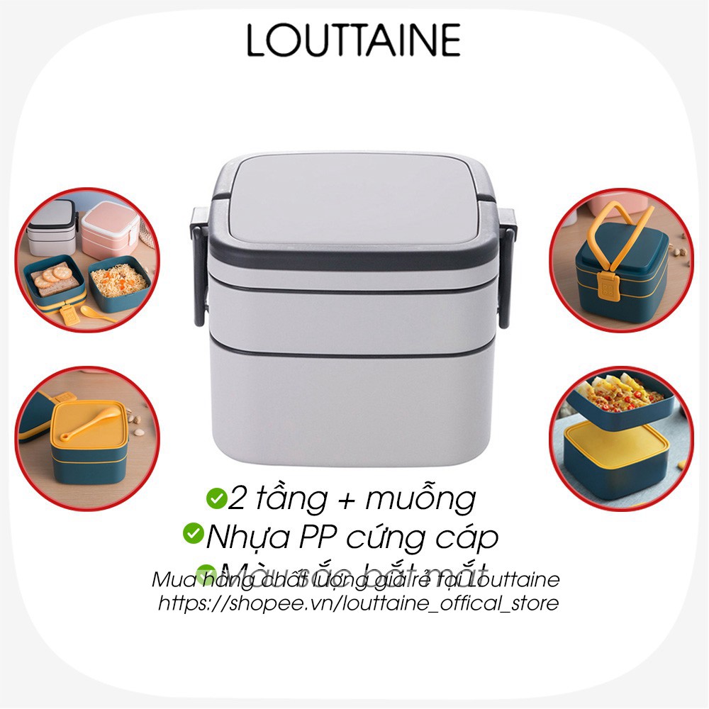 Hộp đựng cơm 2 tầng 1000ml nhựa PP cao cấp có quay xách kèm thìa, hộp đựng cơm văn phòng, đi học đi làm tiện lợi