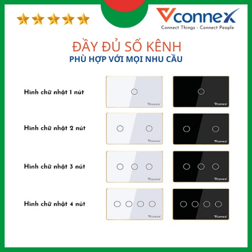 Công tắc thông minh chữ nhật Vconnex không viền, Chức năng hẹn giờ, Điều khiển từ xa, wifi. Bảo hành 24 tháng 1 đổi 1