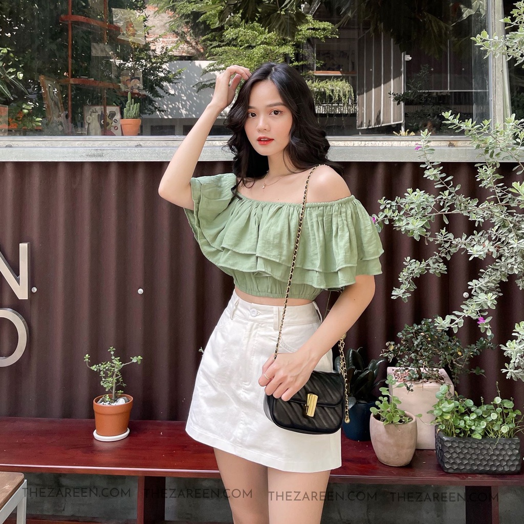 ÁO CROPTOP TRỄ VAI 2 TẦNG ZAREEN VOA78 XANH LÁ