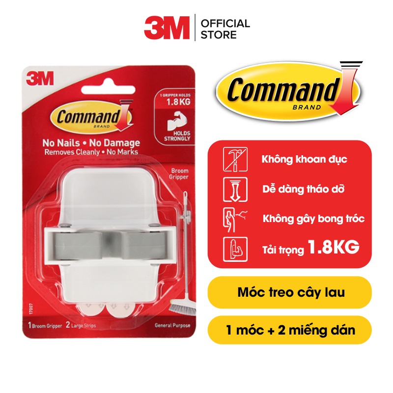 Móc dán tường treo chổi, cây lau nhà Command 3M chịu lực 1.8kg -tháo cực dễ 17007