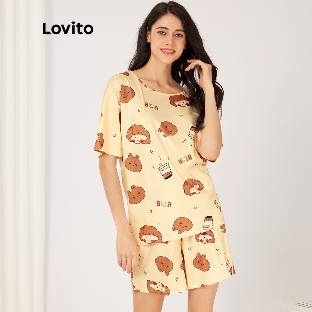 Bộ đồ ngủ Lovito dáng rộng cổ tròn kiểu mặc chui đầu họa tiết hoạt hình xinh xắn cơ bản L23AD107 (màu vàng)