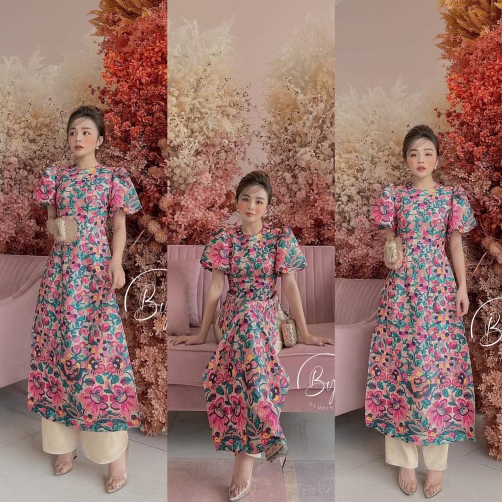 Áo Dài Tết , áo dài Cách Tân In Hoa May Sẵn Cao Cấp