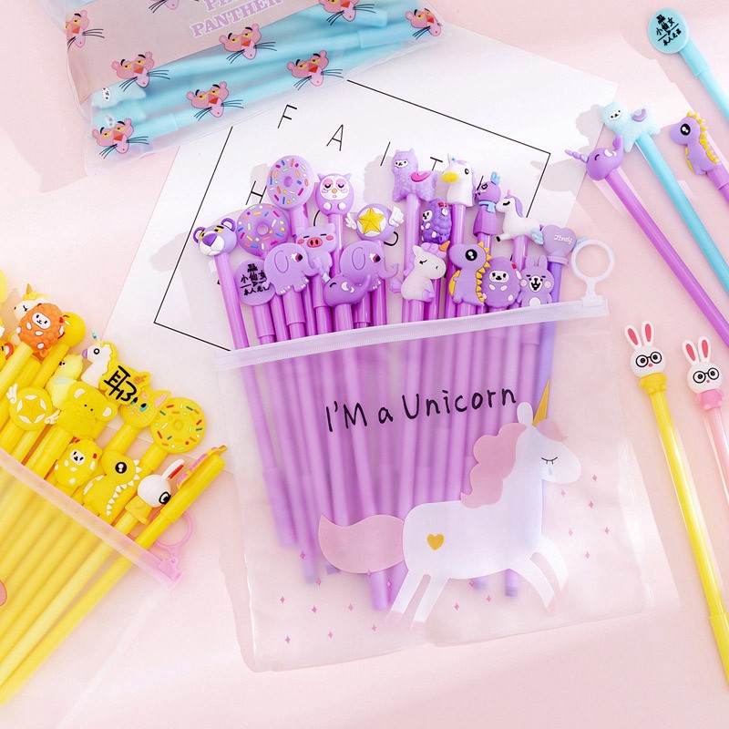 Set 20 chiếc bút bi mực nước siêu xinh nhiều hình cute kèm túi zip