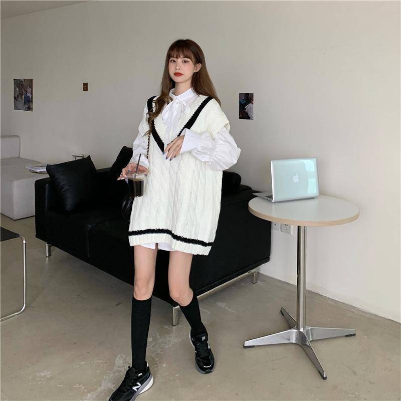 Bộ Áo Sơ Mi Dáng Rộng Đính Nơ + Áo Sweater Dệt Kim Sát Nách Kiểu Hàn Quốc Thời Trang 20