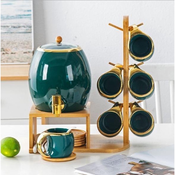 Bộ bình trà bom, đựng nước uống gốm sứ cao cấp có vòi, có 6 cốc vát và giá treo cốc màu xanh sang trọng
