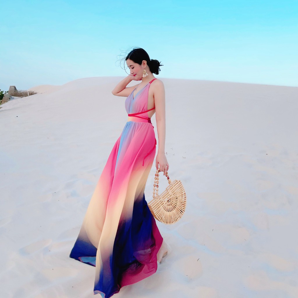 Maxi phối màu hở lưng quyến rũ  - 247sg036