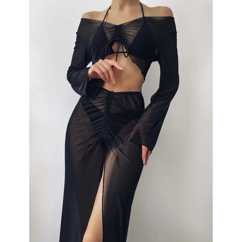 Set Bikini 4 Món Màu Đen Tay Dài Trễ Vai Quyến Rũ Thời Trang Đi Biển Cho Nữ F189