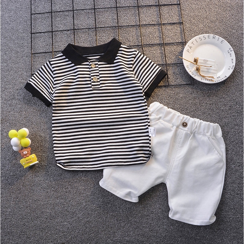 Set áo thun polo họa tiết sọc ngang kèm quần short thời trang mùa hè cho bé trai