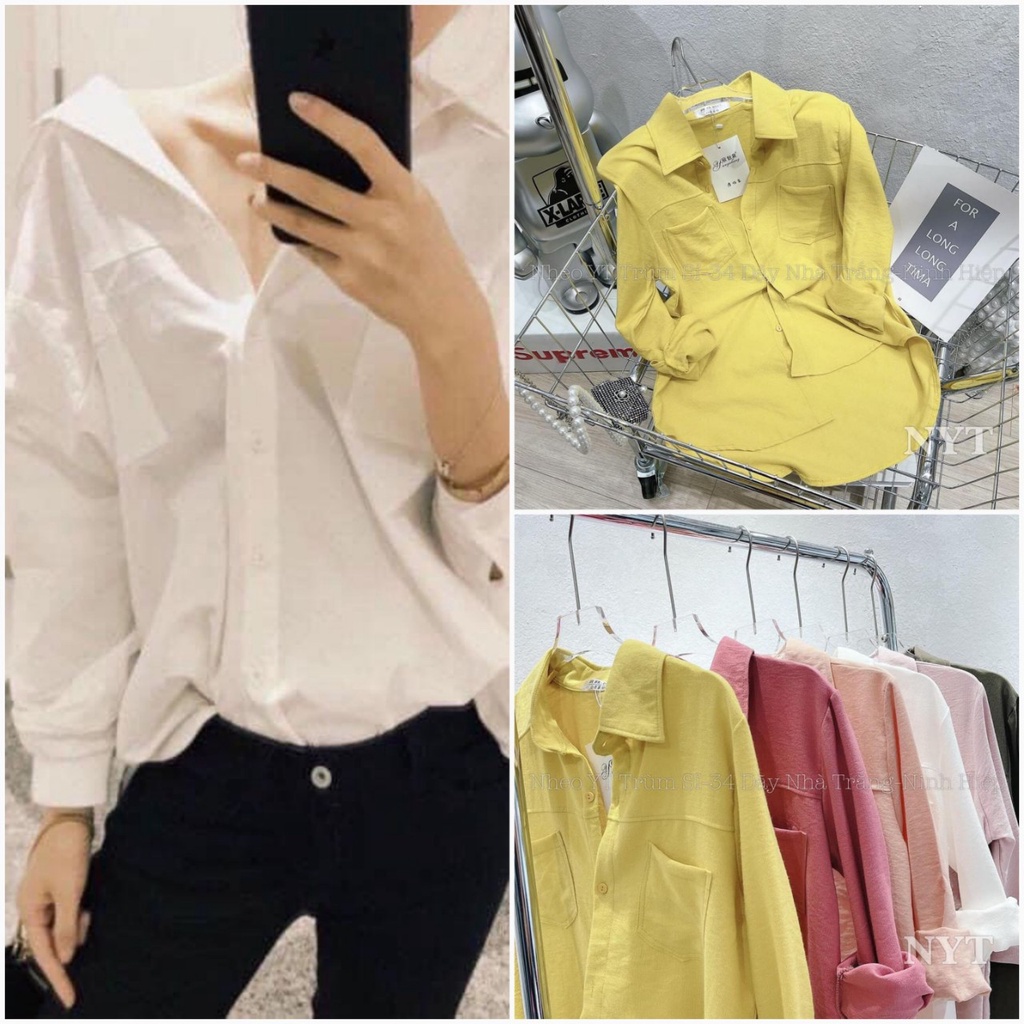 Áo sơ mi nữ dài tay form rộng can ngực 2 túi full màu xinh xắn