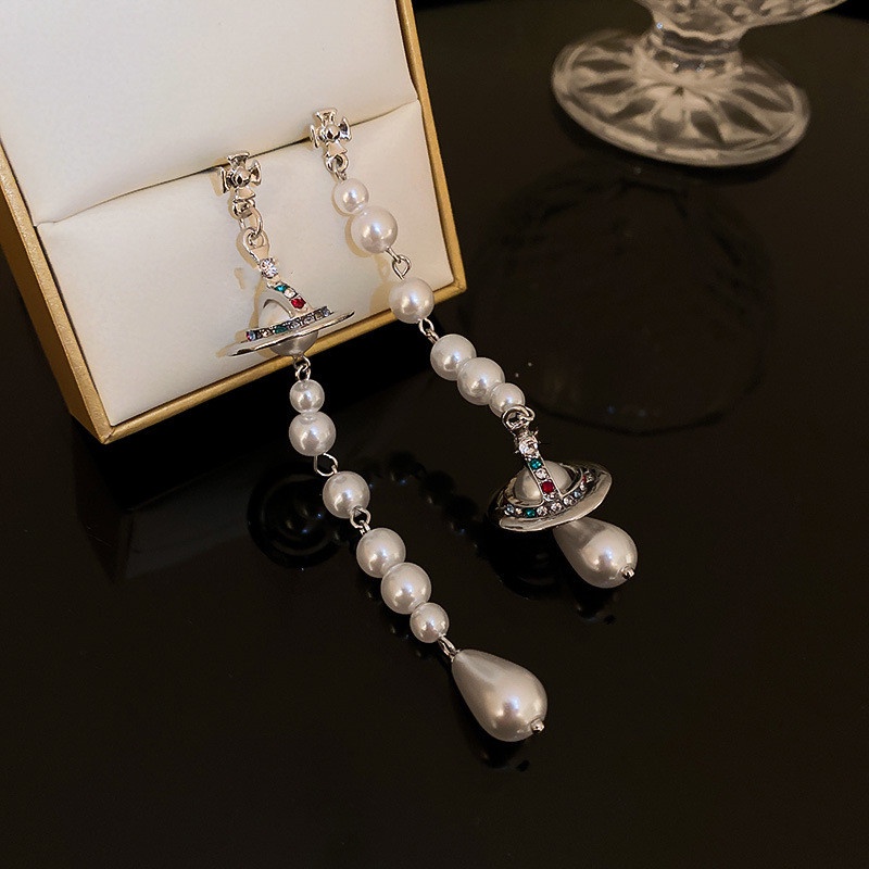 Bông Tai Tua Rua Dáng Dài Đính Đá Pha Lê &amp; Ngọc Trai Phong Cách Cổ Điển Thời Trang Sang Trọng Cho Nữ