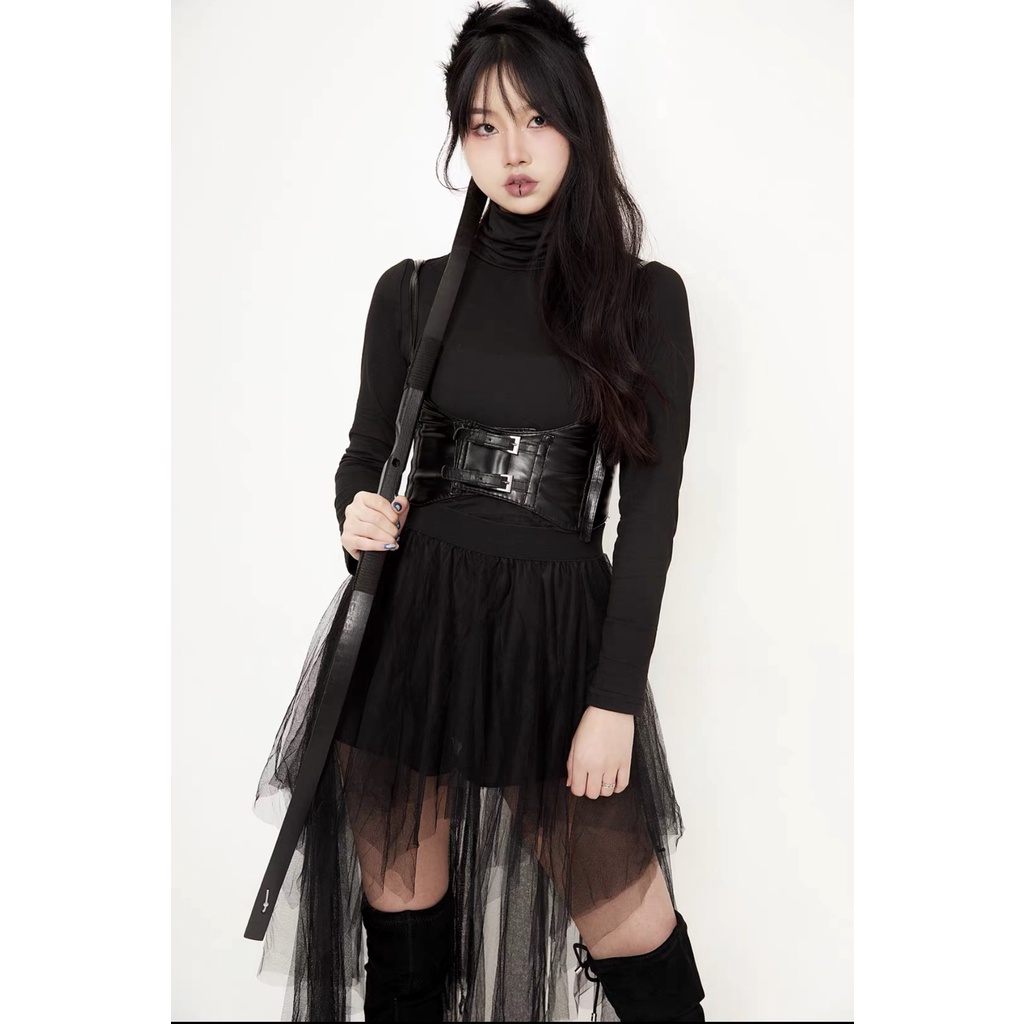 【 𝐍𝐞𝐰】Đai corset có dây trendy gothic màu nâu da PU siêu dày dặn