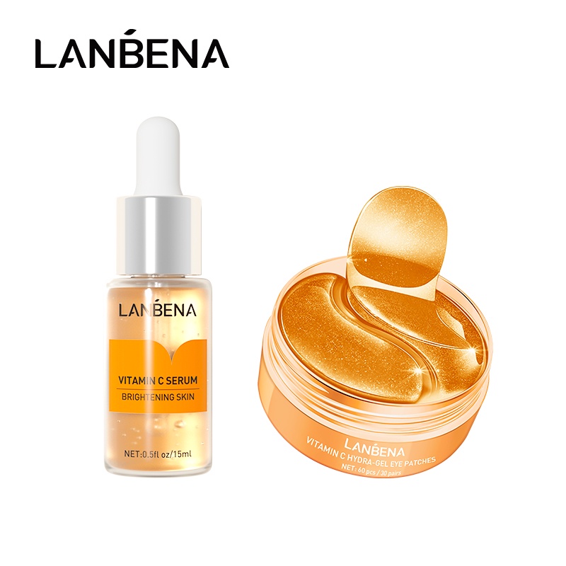 Set serum làm trắng da 15ml + 60 miếng mặt nạ mắt Lanbena chiết xuất Vitamin C dưỡng da hiệu quả chuyên dụng