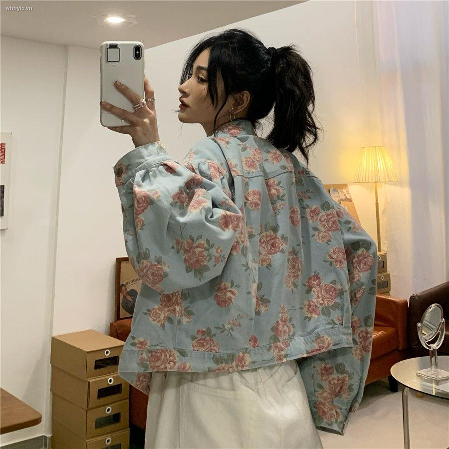 Honypove Áo khoác denim in hình hoa hồng/ Áo không tay phong cách retro thời trang mùa thu mẫu mới 2021