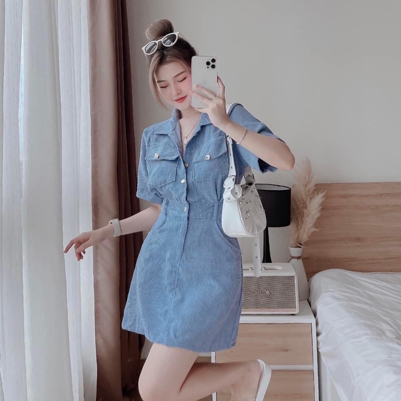 Đầm sơ mi tăm nhung phối nút - CarotShop
