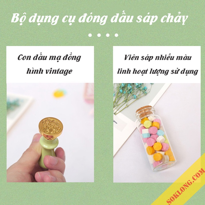 Bộ dụng cụ đóng con dấu sáp cổ điển D08 niêm phong, trang trí bullet journal, phong bì thư con sáp vintage