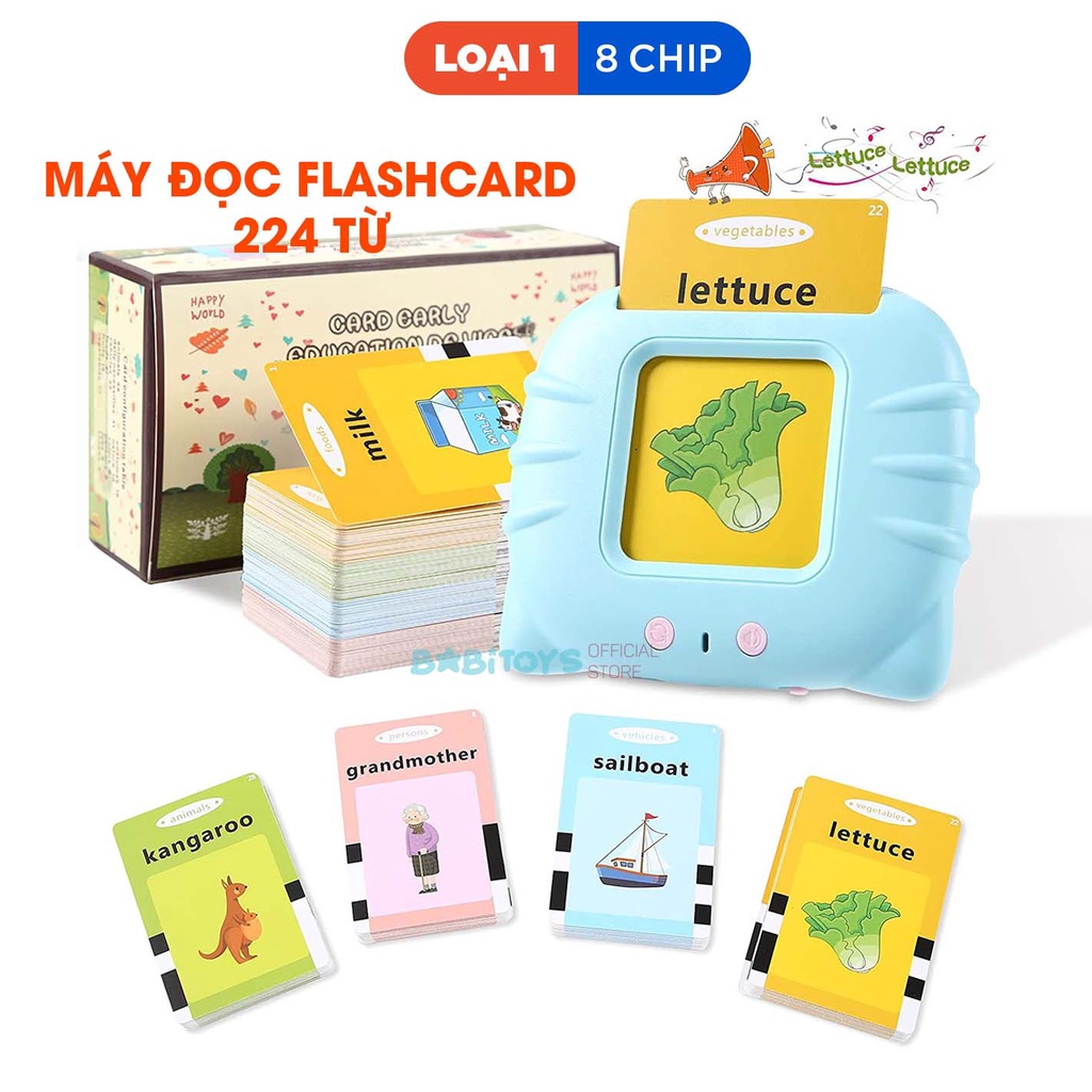Máy đọc thẻ từ vựng học tiếng anh, máy đọc flashcard 224 thẻ nhiều chủ đề, pin sạc USB, đồ chơi giáo dục Babitoys