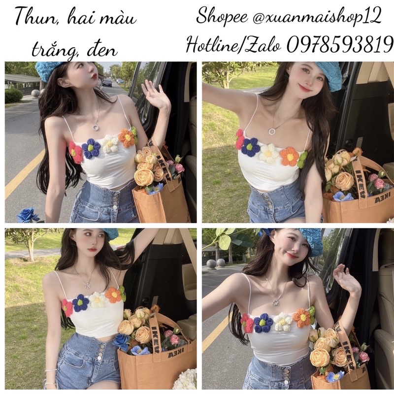 Áo croptop 2 dây đen trắng đính bông hoa len nhiều màu sắc
