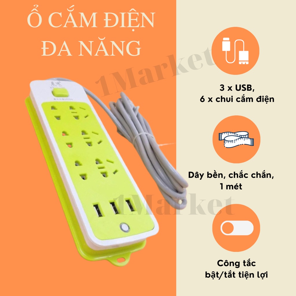 Ổ cắm điện đa năng 3 cổng USB, có đèn báo hiệu bật/tắt, chống giật, an toàn, chất liệu nhựa cứng, dây dài và cứng cáp