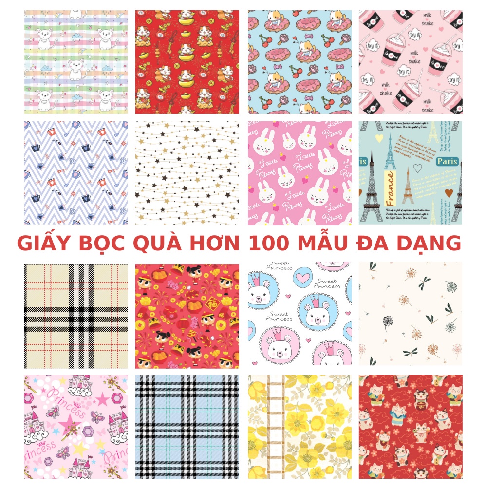 Sỉ 100 tờ Giấy gói quà được CHỌN MẪU, giấy bóng kính gói bó hoa, sinh nhật, Noen, giáng sinh, ngày lễ, giấy dán tường