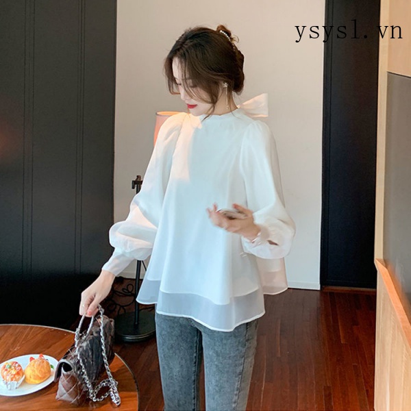 Áo Sơ Mi Tay Dài Che Bụng Thắt Nơ Phía Trước Sau Lưng Phong Cách Pháp Thời Trang Xuân Thu 2021