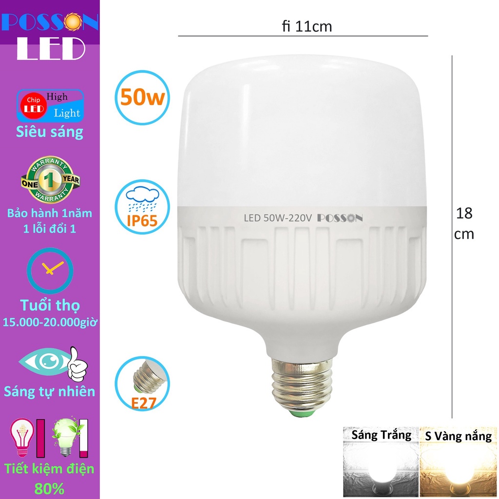 10 Bóng đèn Led trụ 50w bup trụ T110 bulb siêu sáng tiết kiệm điện kín chống nước Posson LC-50x