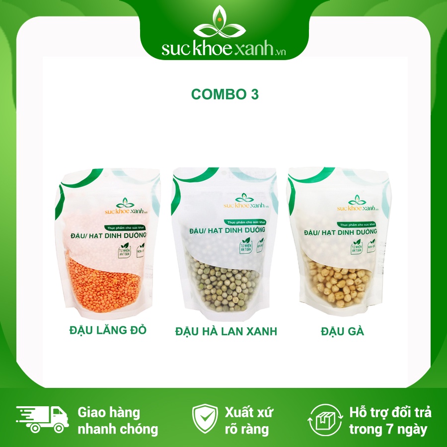 Combo 3 - Đậu gà & Đậu lăng đỏ nguyên hạt & Đậu hà lan xanh nguyên hạt