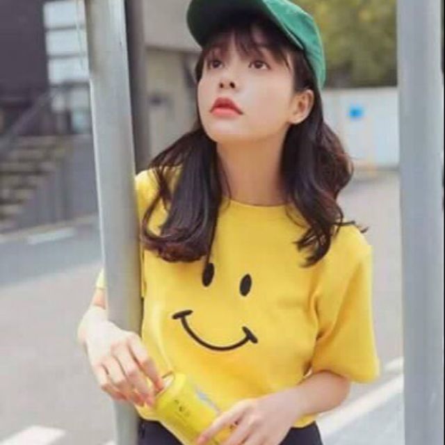 Áo thun cotton thêu mặt cười dễ thương