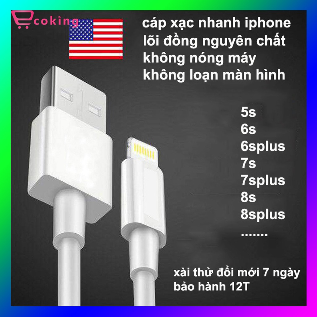 cáp xạc nhanh IP5s,6s,6splu,7s,7splus,8s...dài 1M lõi đồng nguyen chất ,dây xạc ip