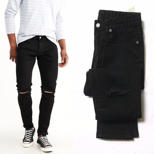 Quần jean nam đen Trơn + Rách gối - quần bò nam dáng Skinny - OMAN QJ012 | BigBuy360 - bigbuy360.vn