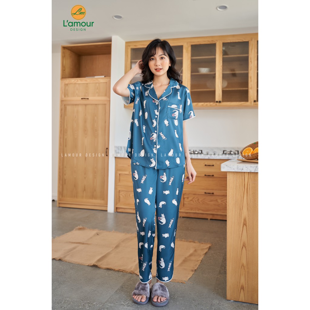 Bộ Lụa Họa Tiết Mèo Len XĐ - Dài