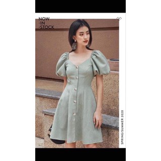 Váy xanh everluxe có cúc xinh tay bồng dịu dàng