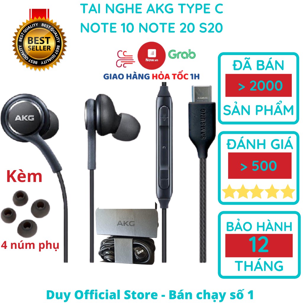 Tai nghe AKG Note 10 Note 20 S20 chân Type C chính hãng Note 10 Plus, S20 plus, S20 Ultra tặng 4 nút tai phụ