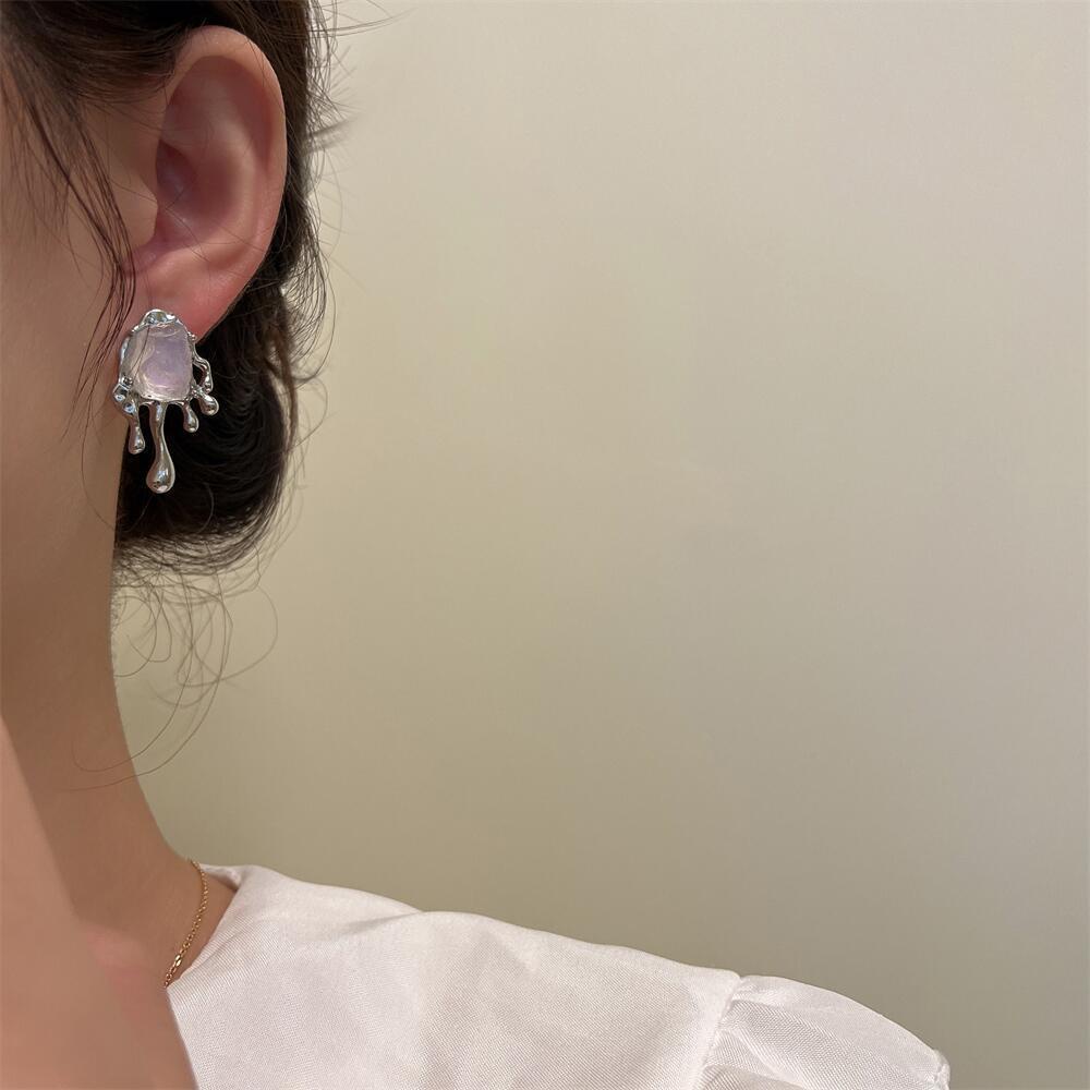 Khuyên tai hình học 19978 đá lava bất đối xứng phong cách harajuku thời trang độc đáo