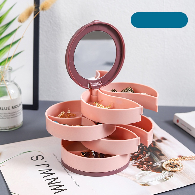 Hộp trang sức có gương soi, hộp 4 tầng chia ngăn đựng nhẫn, dây chuyền, khuyên tai KT : 11,5 cm x 11,5 cm