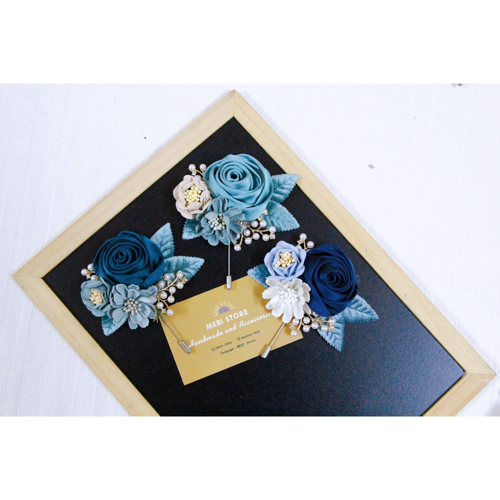 Hoa cài áo handmade mẫu hồng cuộn mix 2 hoa dạ và cành trai siêu xinh