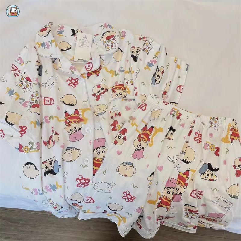 Bộ Đồ Ngủ Áo cardigan Tay Ngắn Phối Quần short Mỏng In Hoạt Hình Dễ Thương Thời Trang Mùa Hè Cho Nữ