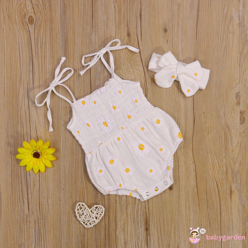 Bộ Áo Liền Quần Hai Dây Cổ Thuyền In Hoa Cúc + Băng Đô Cài Tóc Cho Bé Gái