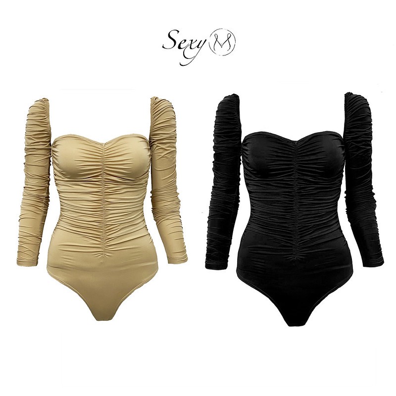 Bộ Liền Bodysuit Dúm Chun Màu Nude và Đen có Khuy cài đáy S052 Sexy M