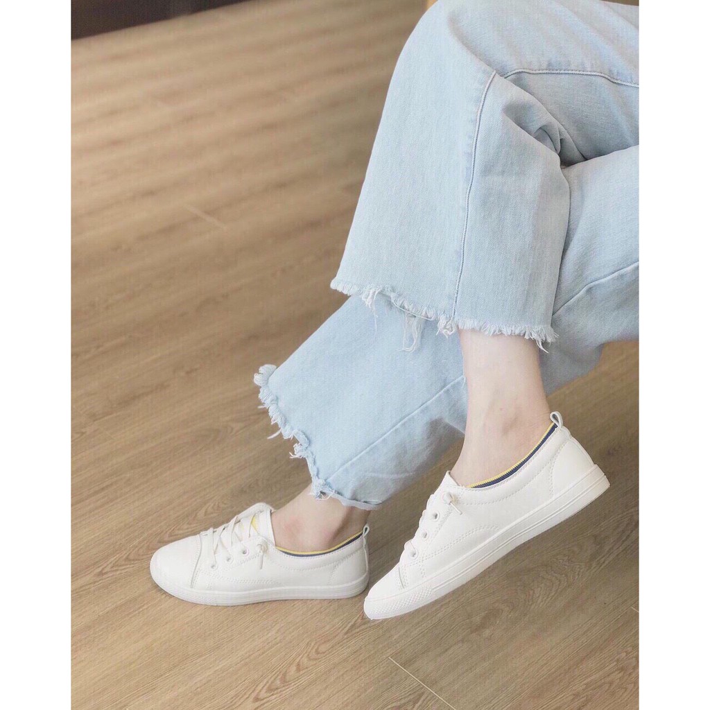 Giày thể thao nữ trắng viền vàng da mềm êm chân siêu hot