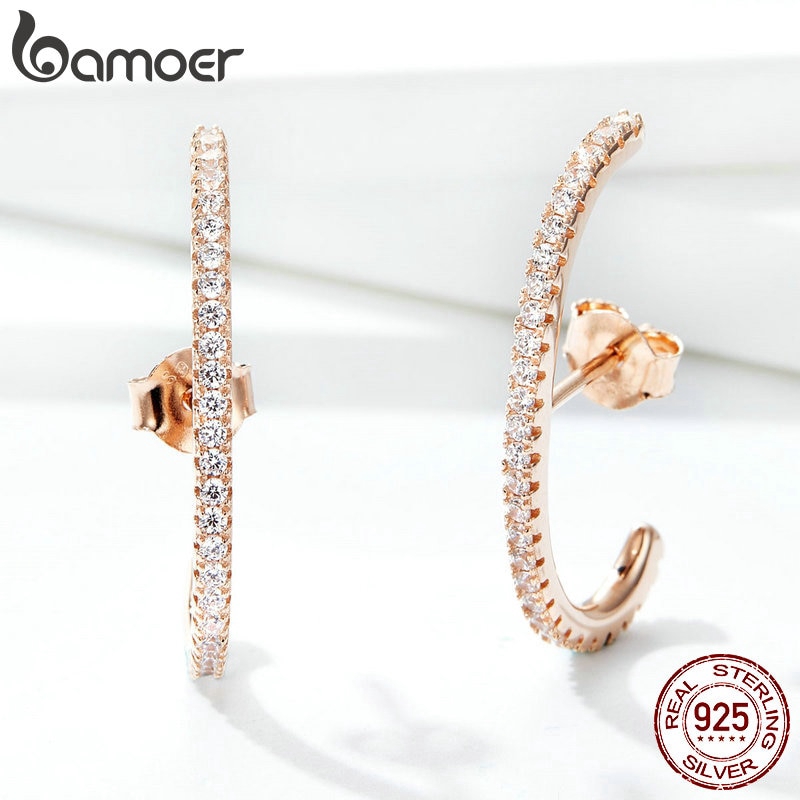 BAMOER Bông Tai  BạC 925 SCE548 HìNh Hoa HồNg