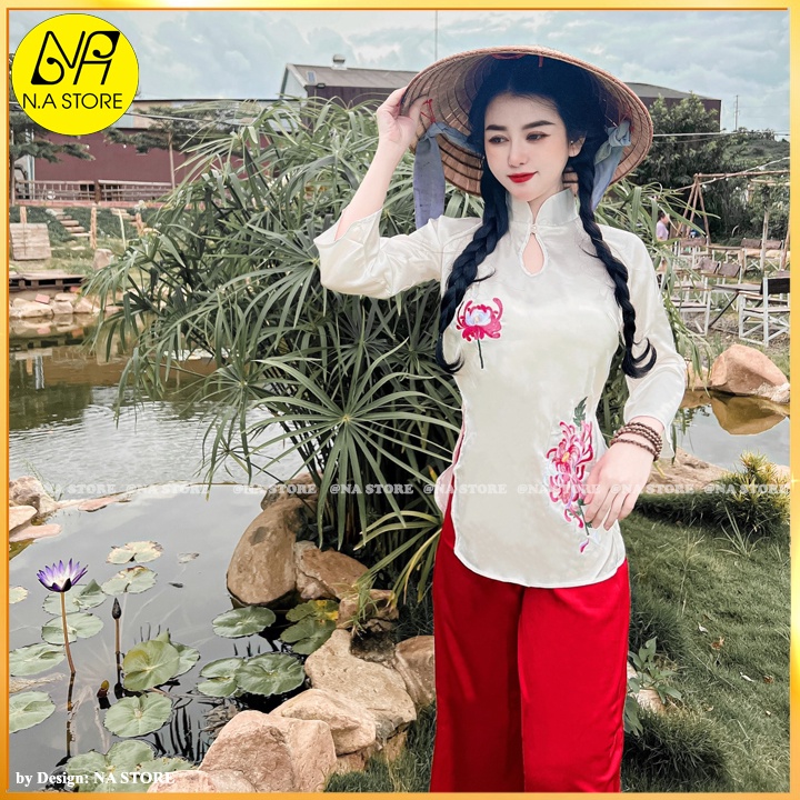 Đồ Lam Đi Chùa Nữ - Set Lụa Thêu Hoa Bỉ Ngạn Cao Câp Trang Nhã AL046
