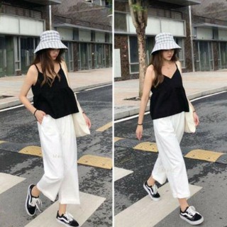 Thời trang nữ quần ống suông chất đũi xước nhật, quần ống rông dáng lửng lưng thun cạp khóa thật