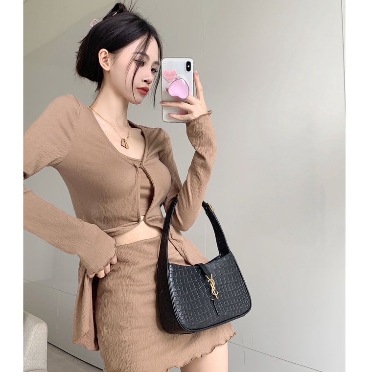 QKOOLE  Set Đồ 3 Món Gồm Áo Khoác cardigan Chống Nắng + Áo Sát Nách Quyến Rũ + Chân Váy Lưng Cao Thời Trang Hàn Quốc Cho Nữ