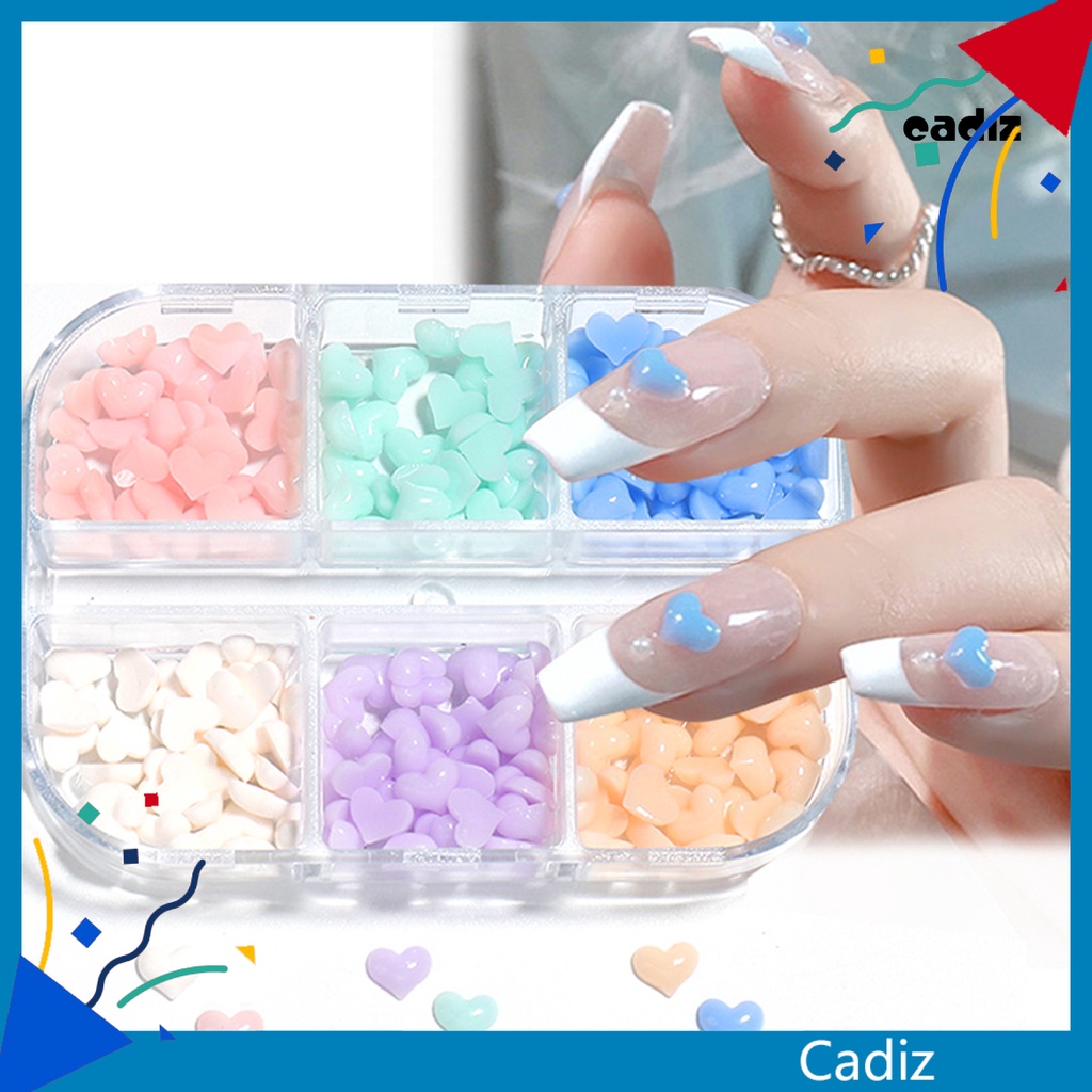 [Hàng mới về] Hộp 6 ngăn phụ kiện trang trí móng tay nghệ thuật hình trái tim hiệu ứng đổi màu hồng trắng 3D lưng phẳng