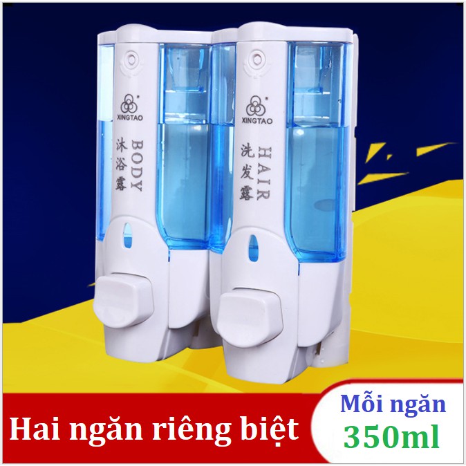 Hộp đôi chứa sữa tắm, dầu gội đầu màu trắng xanh - có chữ phân biệt