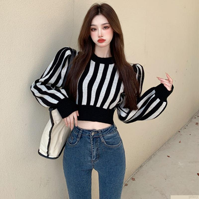 Áo len croptop tay dài cổ tròn họa tiết kẻ sọc phong cách Hàn Quốc thời trang cho nữ