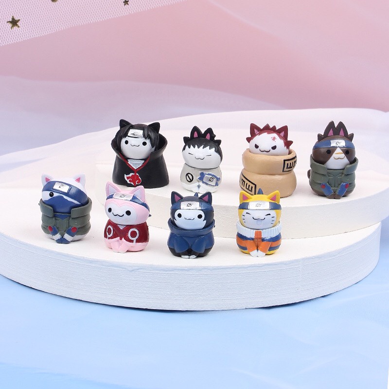 Set 8 mô hình mèo cosplay nhân vật anime Naruto Iruka Itachi Sasuke Kakashi Gaara Sakura Shikumaru cute dễ thương - Ráp