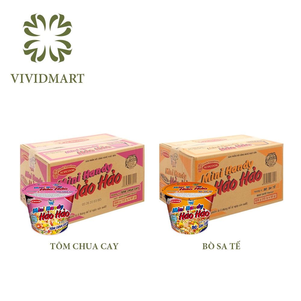 MÌ LY ĂN LIỀN MINI HANDY HẢO HẢO, 02 VỊ: TÔM CHUA CAY (47gr/ly), BÒ SA TẾ (53gr/ly) - ACECOOK